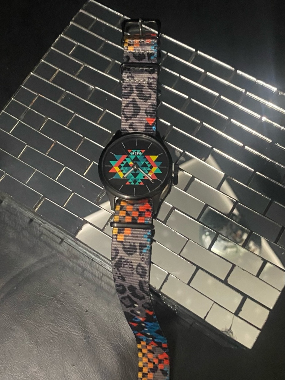 Neff Black Watch with Multicolor Geometric Dial and Patterned Strap